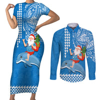 Hawaii Mele Kalikimaka Couples Matching Short Sleeve Bodycon Dress and Long Sleeve Button Shirt Santa Riding The DolPhin Mix Kakau Pattern Blue Style LT03 Blue - Polynesian Pride
