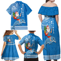 Hawaii Mele Kalikimaka Family Matching Off Shoulder Maxi Dress and Hawaiian Shirt Santa Riding The DolPhin Mix Kakau Pattern Blue Style LT03 - Polynesian Pride