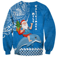 Hawaii Mele Kalikimaka Sweatshirt Santa Riding The DolPhin Mix Kakau Pattern Blue Style LT03 - Polynesian Pride