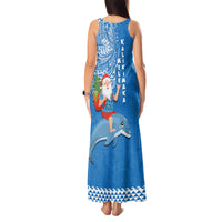 Hawaii Mele Kalikimaka Tank Maxi Dress Santa Riding The DolPhin Mix Kakau Pattern Blue Style LT03 - Polynesian Pride