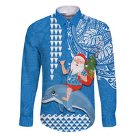 Custom Hawaii Mele Kalikimaka Family Matching Off Shoulder Long Sleeve Dress and Hawaiian Shirt Santa Riding The DolPhin Mix Kakau Pattern Blue Style LT03 Dad's Shirt - Long Sleeve Blue - Polynesian Pride