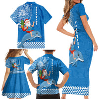 Custom Hawaii Mele Kalikimaka Family Matching Short Sleeve Bodycon Dress and Hawaiian Shirt Santa Riding The DolPhin Mix Kakau Pattern Blue Style LT03 - Polynesian Pride
