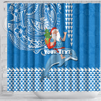 Custom Hawaii Mele Kalikimaka Shower Curtain Santa Riding The DolPhin Mix Kakau Pattern Blue Style LT03 - Polynesian Pride
