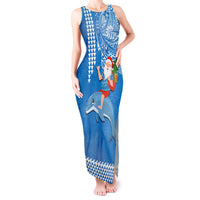 Custom Hawaii Mele Kalikimaka Tank Maxi Dress Santa Riding The DolPhin Mix Kakau Pattern Blue Style LT03 Women Blue - Polynesian Pride