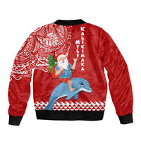 Hawaii Mele Kalikimaka Bomber Jacket Santa Riding The DolPhin Mix Kakau Pattern Red Style LT03 - Polynesian Pride