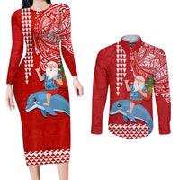 Hawaii Mele Kalikimaka Couples Matching Long Sleeve Bodycon Dress and Long Sleeve Button Shirt Santa Riding The DolPhin Mix Kakau Pattern Red Style LT03 Red - Polynesian Pride
