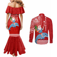 Hawaii Mele Kalikimaka Couples Matching Mermaid Dress and Long Sleeve Button Shirt Santa Riding The DolPhin Mix Kakau Pattern Red Style LT03 - Polynesian Pride