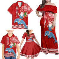 Hawaii Mele Kalikimaka Family Matching Off Shoulder Maxi Dress and Hawaiian Shirt Santa Riding The DolPhin Mix Kakau Pattern Red Style LT03 - Polynesian Pride