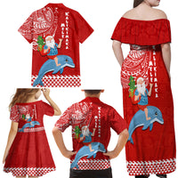 Hawaii Mele Kalikimaka Family Matching Off Shoulder Maxi Dress and Hawaiian Shirt Santa Riding The DolPhin Mix Kakau Pattern Red Style LT03 - Polynesian Pride