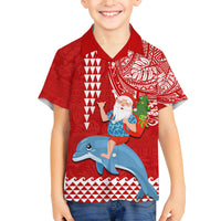 Hawaii Mele Kalikimaka Family Matching Off Shoulder Maxi Dress and Hawaiian Shirt Santa Riding The DolPhin Mix Kakau Pattern Red Style LT03 Son's Shirt Red - Polynesian Pride