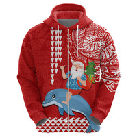 Hawaii Mele Kalikimaka Hoodie Santa Riding The DolPhin Mix Kakau Pattern Red Style LT03 - Polynesian Pride