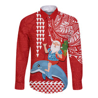 Hawaii Mele Kalikimaka Long Sleeve Button Shirt Santa Riding The DolPhin Mix Kakau Pattern Red Style LT03 Unisex Red - Polynesian Pride
