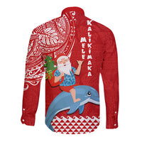 Hawaii Mele Kalikimaka Long Sleeve Button Shirt Santa Riding The DolPhin Mix Kakau Pattern Red Style LT03 - Polynesian Pride