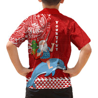 Custom Hawaii Mele Kalikimaka Family Matching Tank Maxi Dress and Hawaiian Shirt Santa Riding The DolPhin Mix Kakau Pattern Red Style LT03 - Polynesian Pride