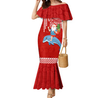 Custom Hawaii Mele Kalikimaka Mermaid Dress Santa Riding The DolPhin Mix Kakau Pattern Red Style LT03 Women Red - Polynesian Pride