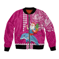 Hawaii Mele Kalikimaka Bomber Jacket Santa Riding The DolPhin Mix Kakau Pattern Pink Style LT03 Unisex Pink - Polynesian Pride