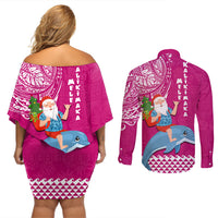 Hawaii Mele Kalikimaka Couples Matching Off Shoulder Short Dress and Long Sleeve Button Shirt Santa Riding The DolPhin Mix Kakau Pattern Pink Style LT03 - Polynesian Pride
