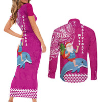 Hawaii Mele Kalikimaka Couples Matching Short Sleeve Bodycon Dress and Long Sleeve Button Shirt Santa Riding The DolPhin Mix Kakau Pattern Pink Style LT03 - Polynesian Pride