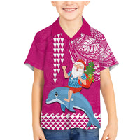Hawaii Mele Kalikimaka Family Matching Mermaid Dress and Hawaiian Shirt Santa Riding The DolPhin Mix Kakau Pattern Pink Style LT03 Son's Shirt Pink - Polynesian Pride