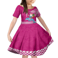 Hawaii Mele Kalikimaka Family Matching Off Shoulder Maxi Dress and Hawaiian Shirt Santa Riding The DolPhin Mix Kakau Pattern Pink Style LT03 Daughter's Dress Pink - Polynesian Pride