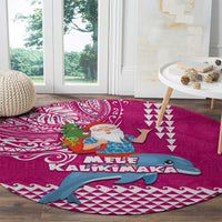 Hawaii Mele Kalikimaka Round Carpet Santa Riding The DolPhin Mix Kakau Pattern Pink Style LT03 - Polynesian Pride