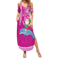 Hawaii Mele Kalikimaka Summer Maxi Dress Santa Riding The DolPhin Mix Kakau Pattern Pink Style LT03 Women Pink - Polynesian Pride
