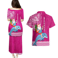 Custom Hawaii Mele Kalikimaka Couples Matching Puletasi Dress and Hawaiian Shirt Santa Riding The DolPhin Mix Kakau Pattern Pink Style LT03 - Polynesian Pride