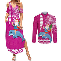 Custom Hawaii Mele Kalikimaka Couples Matching Summer Maxi Dress and Long Sleeve Button Shirt Santa Riding The DolPhin Mix Kakau Pattern Pink Style LT03 Pink - Polynesian Pride
