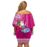 Custom Hawaii Mele Kalikimaka Off Shoulder Short Dress Santa Riding The DolPhin Mix Kakau Pattern Pink Style LT03 - Polynesian Pride