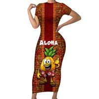 Hawaii Short Sleeve Bodycon Dress Aloha Funny Pineapple Mix Kakau Hawaiian Tribal LT03 Long Dress Red - Polynesian Pride