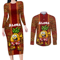 Custom Hawaii Couples Matching Long Sleeve Bodycon Dress and Long Sleeve Button Shirt Aloha Funny Pineapple Mix Kakau Hawaiian Tribal LT03 Red - Polynesian Pride