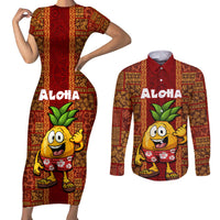 Custom Hawaii Couples Matching Short Sleeve Bodycon Dress and Long Sleeve Button Shirt Aloha Funny Pineapple Mix Kakau Hawaiian Tribal LT03 Red - Polynesian Pride