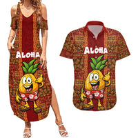 Custom Hawaii Couples Matching Summer Maxi Dress and Hawaiian Shirt Aloha Funny Pineapple Mix Kakau Hawaiian Tribal LT03 Red - Polynesian Pride