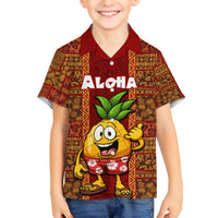 Custom Hawaii Family Matching Long Sleeve Bodycon Dress and Hawaiian Shirt Aloha Funny Pineapple Mix Kakau Hawaiian Tribal LT03 Son's Shirt Red - Polynesian Pride
