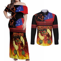 Samoan Siva Afi Couples Matching Off Shoulder Maxi Dress and Long Sleeve Button Shirt Tribal Performers of Samoan Fire Knife Dancing