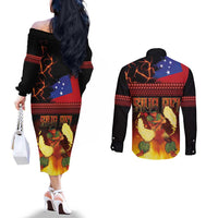 Samoan Siva Afi Couples Matching Off The Shoulder Long Sleeve Dress and Long Sleeve Button Shirt Tribal Performers of Samoan Fire Knife Dancing