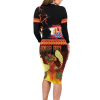 Tahitian Siva Afi Long Sleeve Bodycon Dress Tribal Performers of Tahitian Fire Knife Dancing LT03 - Polynesian Pride