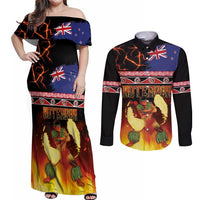 Aotearoa Siva Afi Couples Matching Off Shoulder Maxi Dress and Long Sleeve Button Shirt Tribal Performers of Aotearoa Fire Knife Dancing