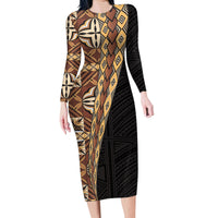 Samoan Siapo Family Matching Long Sleeve Bodycon Dress and Hawaiian Shirt Tatau Pattern Half Style Retro Mode LT03 Mom's Dress Brown - Polynesian Pride