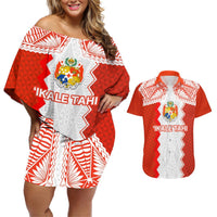 Custom Tonga Rugby Couples Matching Off Shoulder Short Dress and Hawaiian Shirt Ikale Tahi Ngatu Tribal Pattern LT03 Orange - Polynesian Pride