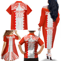 Custom Tonga Rugby Family Matching Off Shoulder Long Sleeve Dress and Hawaiian Shirt Ikale Tahi Ngatu Tribal Pattern LT03