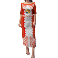Custom Tonga Rugby Puletasi Ikale Tahi Ngatu Tribal Pattern LT03 Long Dress Orange - Polynesian Pride