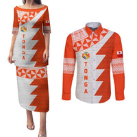 Custom Tonga Rugby Couples Matching Puletasi and Long Sleeve Button Shirt Ikale Tahi Ngatu Tribal Pattern Half Style LT03 Orange - Polynesian Pride