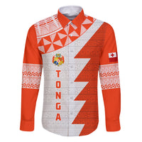 Custom Tonga Rugby Family Matching Mermaid Dress and Hawaiian Shirt Ikale Tahi Ngatu Tribal Pattern Half Style LT03 Dad's Shirt - Long Sleeve Orange - Polynesian Pride