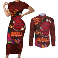 American Samoa Manulele Tausala Nu'uuli Couples Matching Short Sleeve Bodycon Dress and Long Sleeve Button Shirt Tatau Art Pattern with Tropical Plants