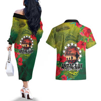 Cook Islands ANDAC Day Couples Matching Off The Shoulder Long Sleeve Dress and Hawaiian Shirt Honor and Remember Soliders-Forever in My Thoughts Grunge Style LT03 - Polynesian Pride
