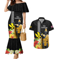 Hawaii King Kamehameha Day Couples Matching Mermaid Dress and Hawaiian Shirt Kanaka Maoli Hibiscus Flower and Kakau Pattern LT03 Black - Polynesian Pride
