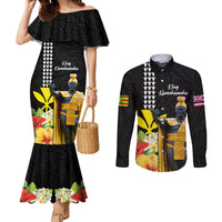 Hawaii King Kamehameha Day Couples Matching Mermaid Dress and Long Sleeve Button Shirt Kanaka Maoli Hibiscus Flower and Kakau Pattern LT03 Black - Polynesian Pride