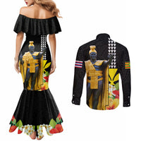 Hawaii King Kamehameha Day Couples Matching Mermaid Dress and Long Sleeve Button Shirt Kanaka Maoli Hibiscus Flower and Kakau Pattern LT03 - Polynesian Pride