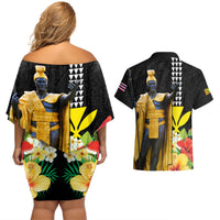 Hawaii King Kamehameha Day Couples Matching Off Shoulder Short Dress and Hawaiian Shirt Kanaka Maoli Hibiscus Flower and Kakau Pattern LT03 - Polynesian Pride